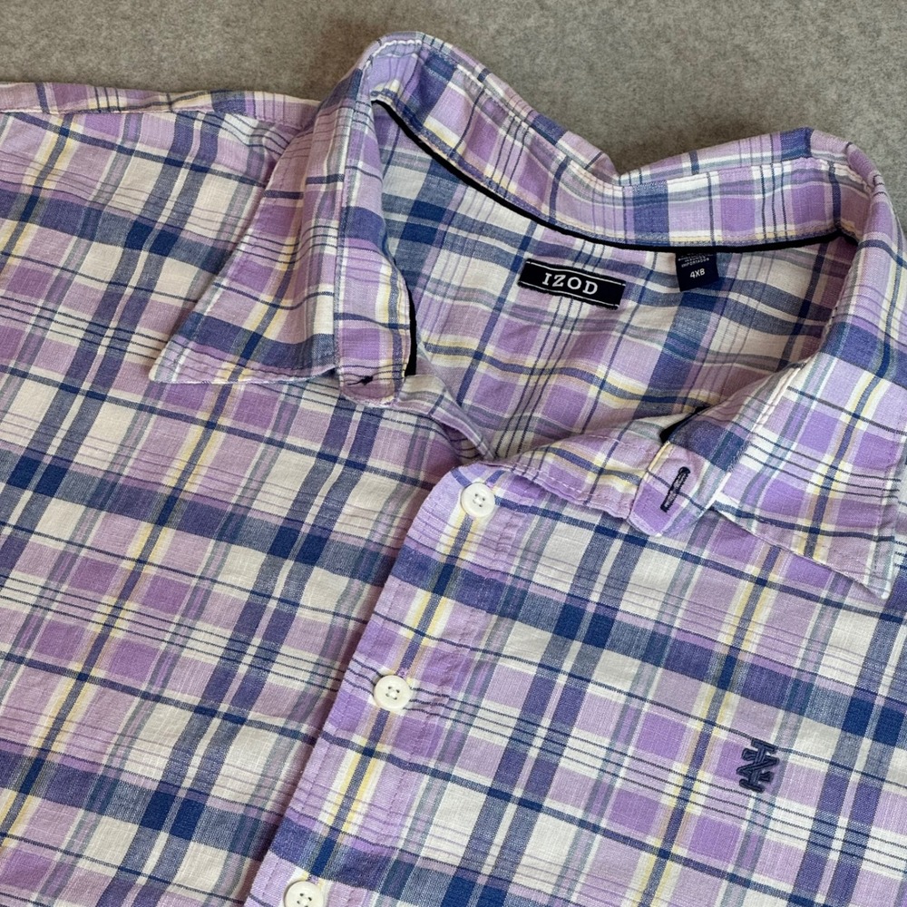 IZOD Mens 4XB Short Sleeve Plaid Button Down Shirt Purple Blue Linen Blend